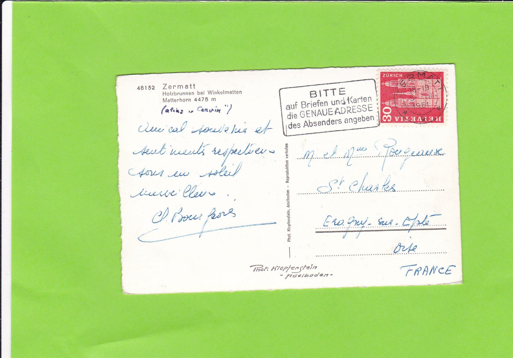 Cartoline postali: Zermatt-Holzbrunnen bei Winkelmatten – Usato da St. Peterzell venduto da neckertal 1