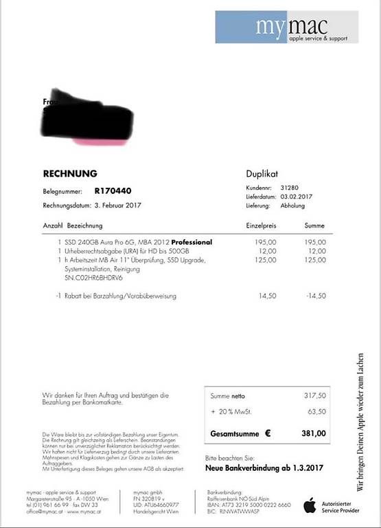 Notebook: Mac Book Air 11' (update 2017 siehe Rechnung) – Usato da Bern venduto da sin_k9vr 2