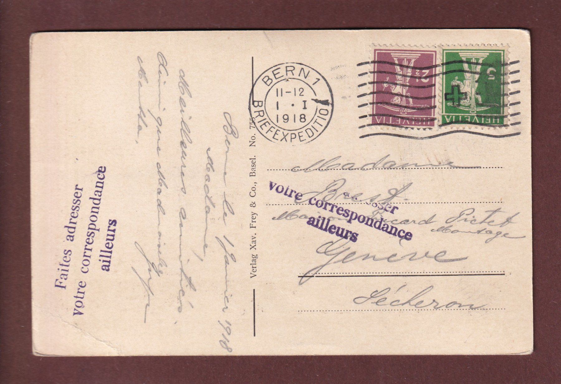 Ansichtskarten: BERN - Bubenbergplatz - 1918 // Loch / Eckbug // – Gebraucht aus Pully von nicecards 1
