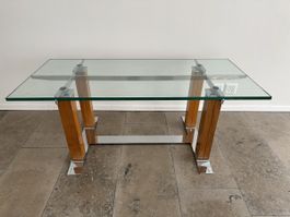 Glastisch mit Holz-Chrom Gestell