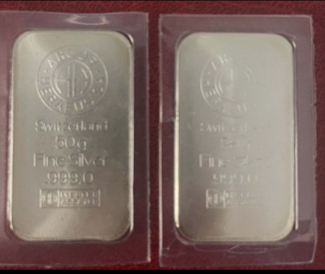 Metalli preziosi: 2 Neue Silberbarren 50 Gramm – Nuovo e nell'imballaggio originale da Riken AG venduto da kusi0010