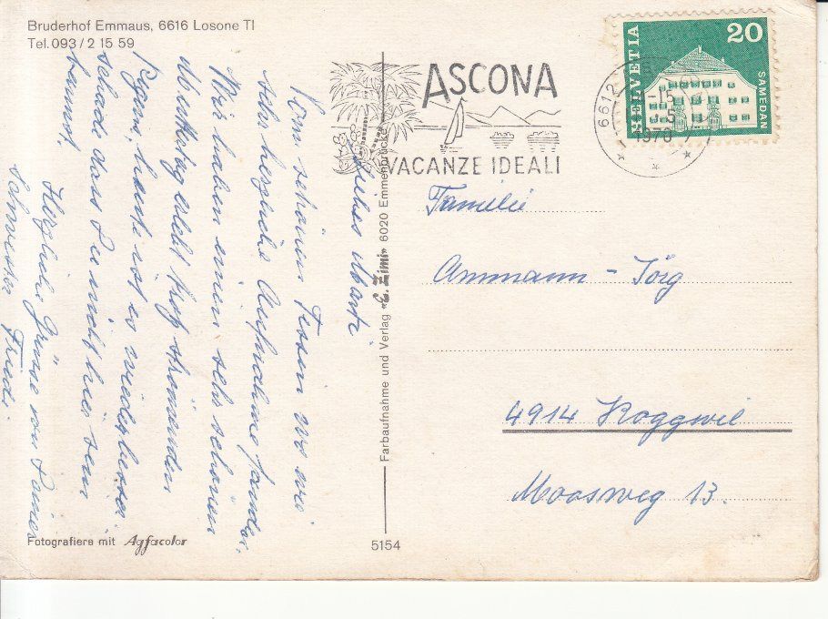 Cartoline postali: Losone Emmaus 1970 – Usato da Bürglen TG venduto da StampGraf 1