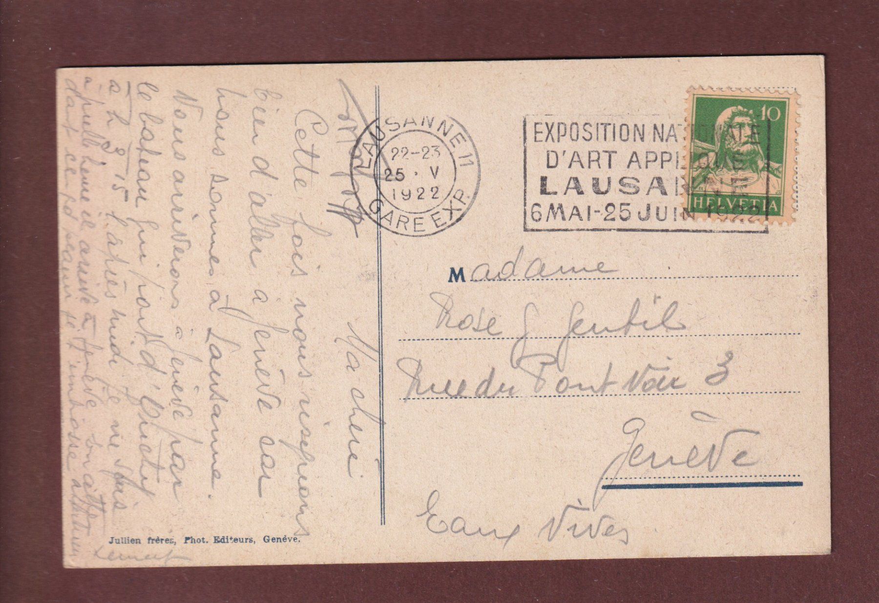 Cartoline postali: LAUSANNE - Ouchy - 1922 – Usato da Pully venduto da nicecards 1