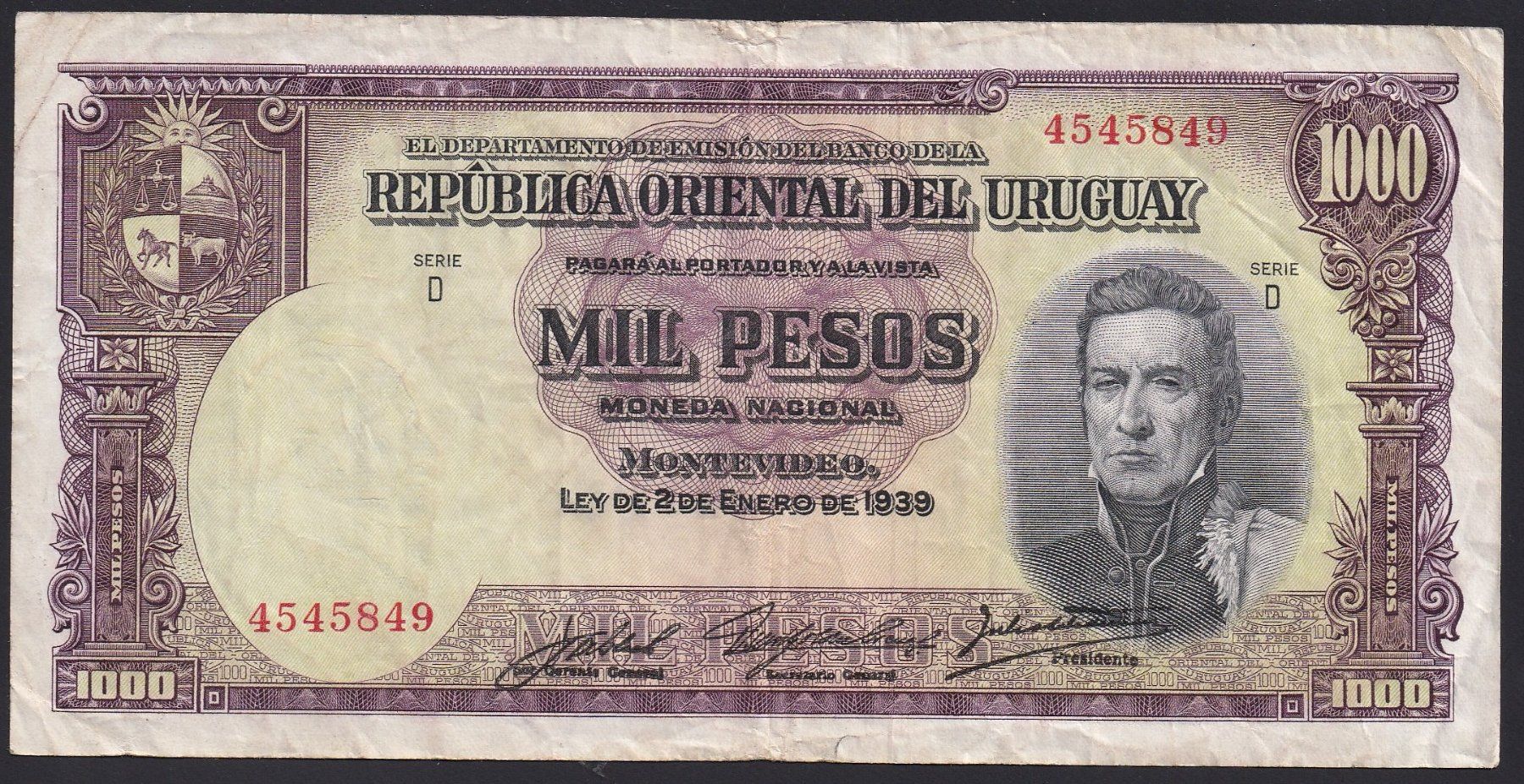 Banknoten: Uruguay 1000 Pesos 1952 – Gebraucht aus Brugg AG von banknoten_muesli