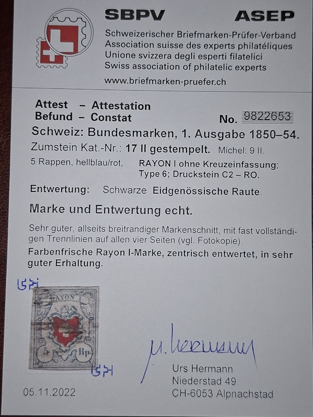 Tutti i francobolli: Rayon 17 II Typ 6 C2 - RO mit Attest – Usato da Balgach venduto da SIMEON27
