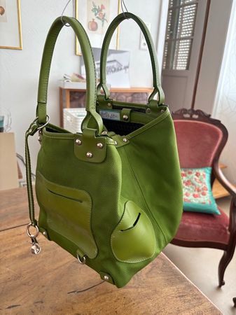 Bally Handtasche grün Stoff Leder gut erhalten