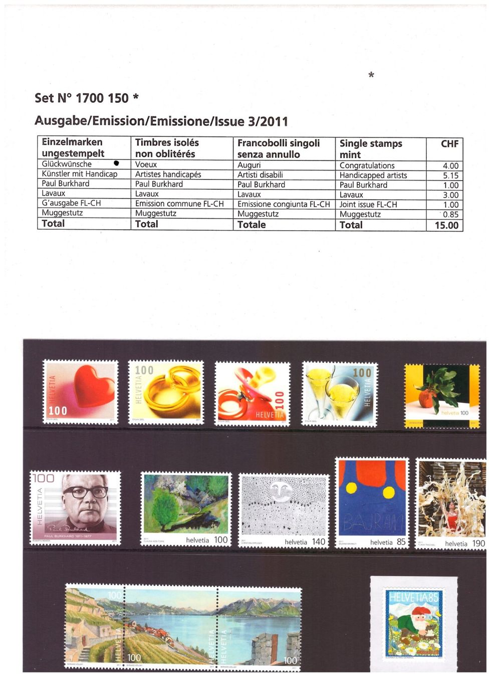 Tutti i francobolli: CH Briefmarken Ausgaben 2011 – Nuovo e nell'imballaggio originale da Chur venduto da marcbruni 2