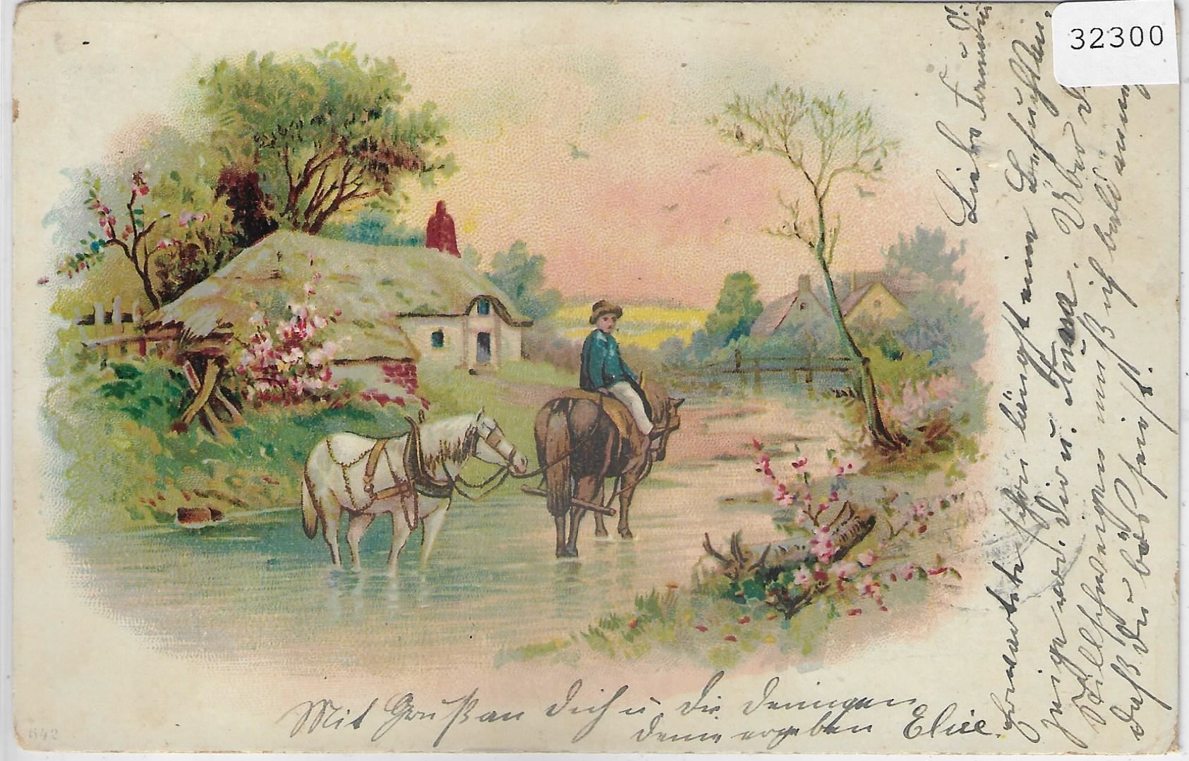 Cartoline postali: Litho - 2 Pferde im Bach – Usato da Ettingen venduto da Kartenplanet