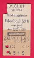 KARTON-BILLETT, ZÜRICH STADELHOFEN-ERLENBACH, RETOUR, 1.1.81