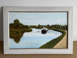 Original Gemälde R. BERTHOD Flusschifffahrt Kanal
