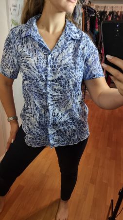 Sommer Bluse Kurzarm Gr. L Blau Weiss Muster Baumwolle