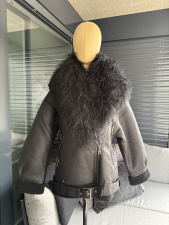 Oversize Aviator Jacke Schwarz Fellkragen abnehmbar M