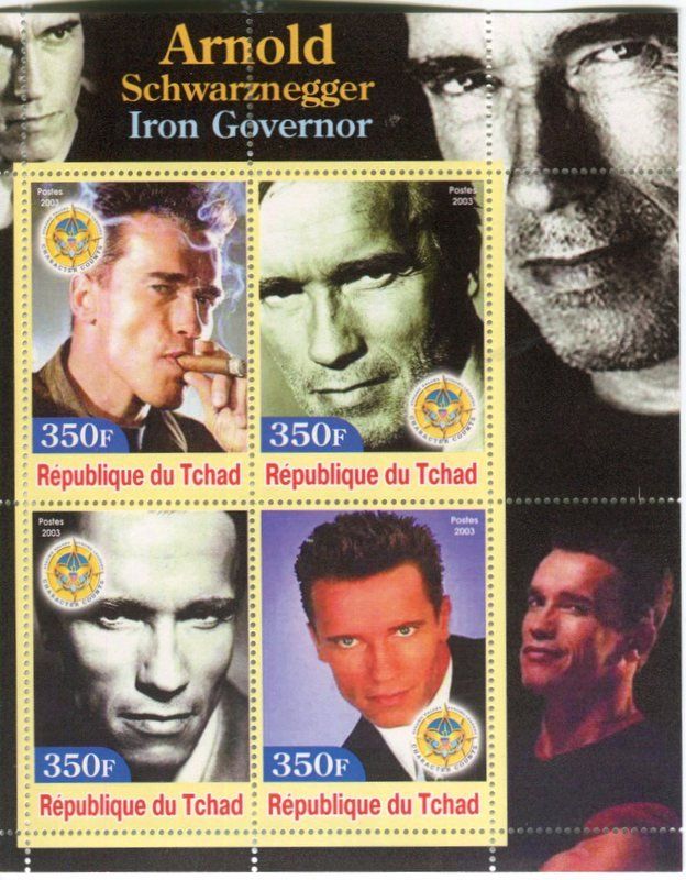 Alle Briefmarken: Block "Arnold Schwarzenegger". Tschad – Neu und originalverpackt aus Basel von Butsch5