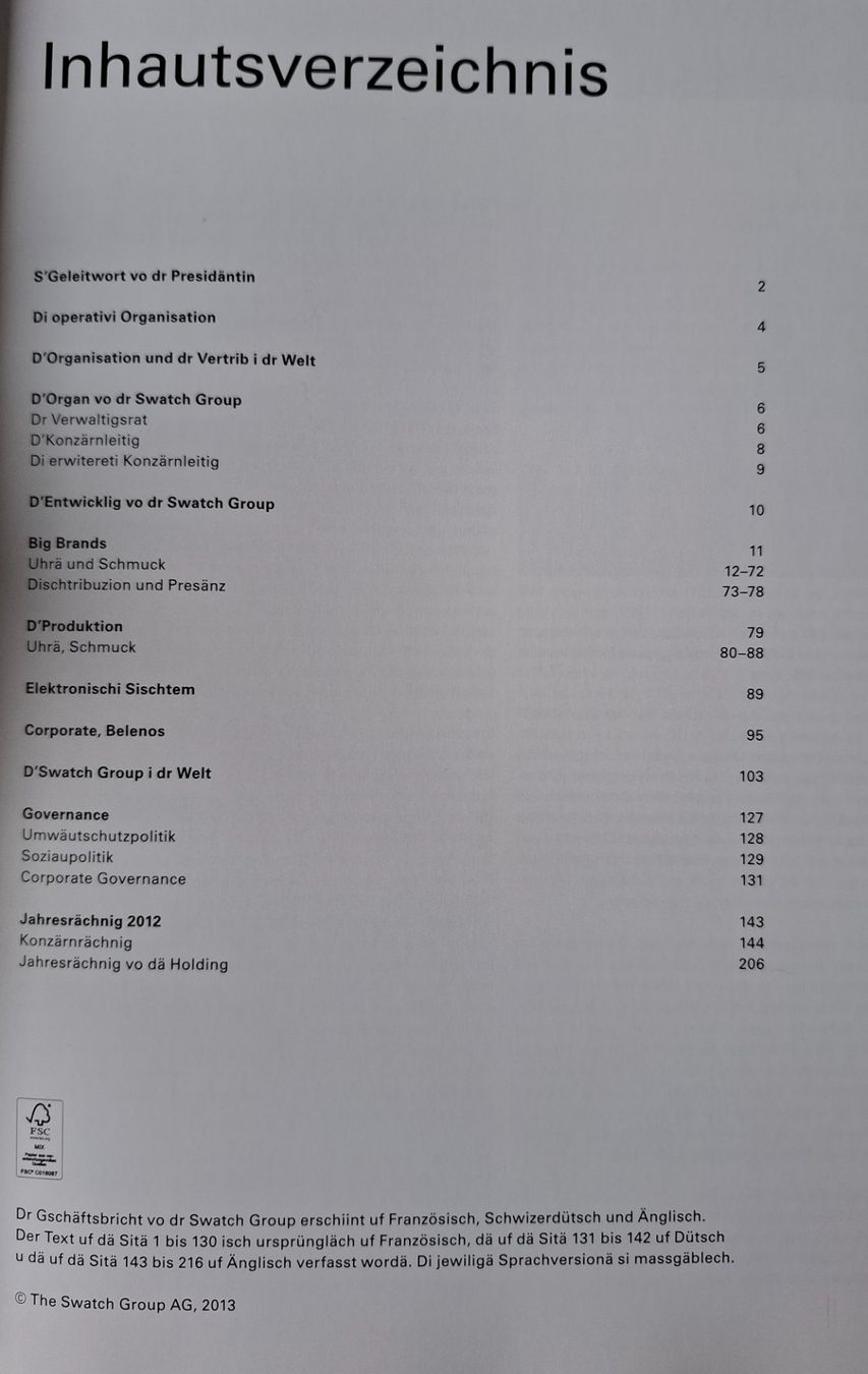 Bücher: Swatch Group Gschäftsbricht 2012, Eimaligi Dialäkt-Usgaab! – Gebraucht aus Grenchen von Schlussliecht 1