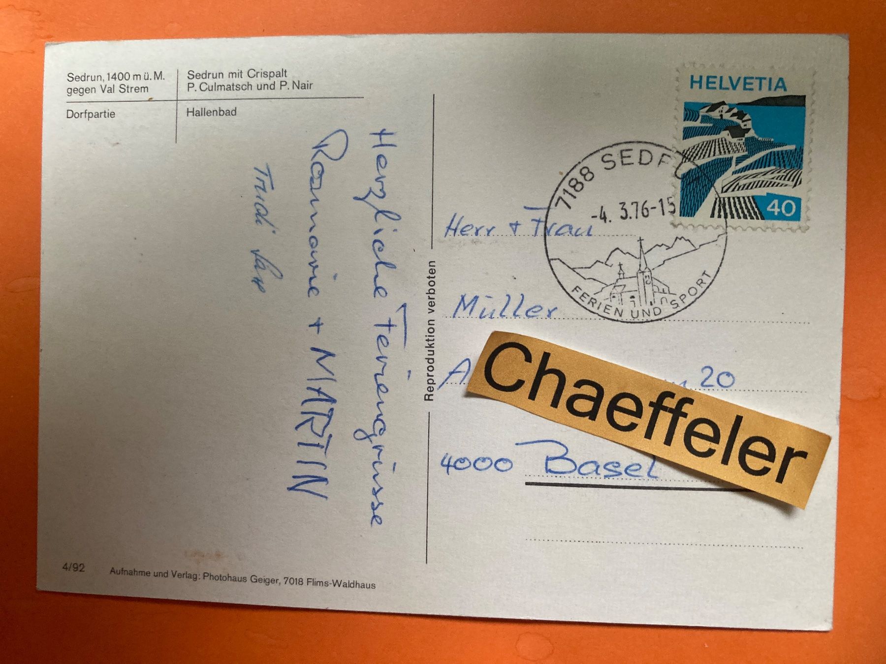 Cartes postales: 1976 Sedrun – D'occasion à Zürich par Chaeffeler 1