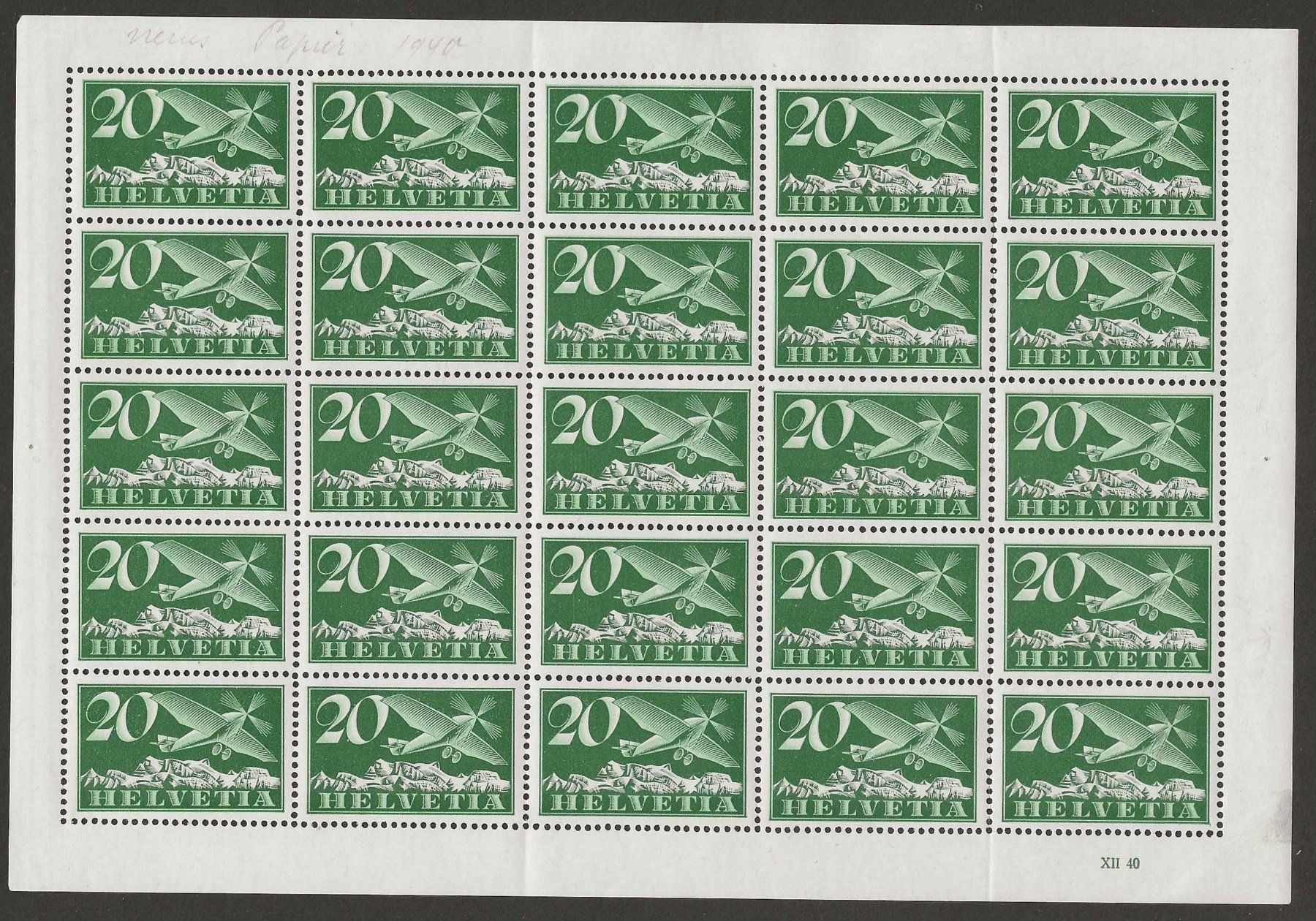Tutti i francobolli: 1940 : Flugpost Nr. F4y im Bogen, postfrisch ** – Nuovo (secondo la descrizione) da Gümligen venduto da Geniusbuy