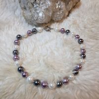 Elegante Perlenkette, Weiss Lila Grau, Vintage Modeschmuck
