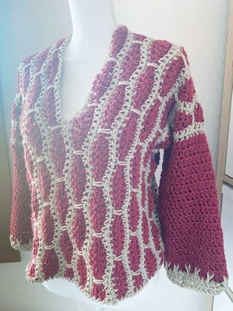 Gehäkelte Vertikaler Pullover Pulli rot leicht grau