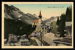 AK Arosa, Teilansicht des Ortes mit Kirche und Bergpanorama