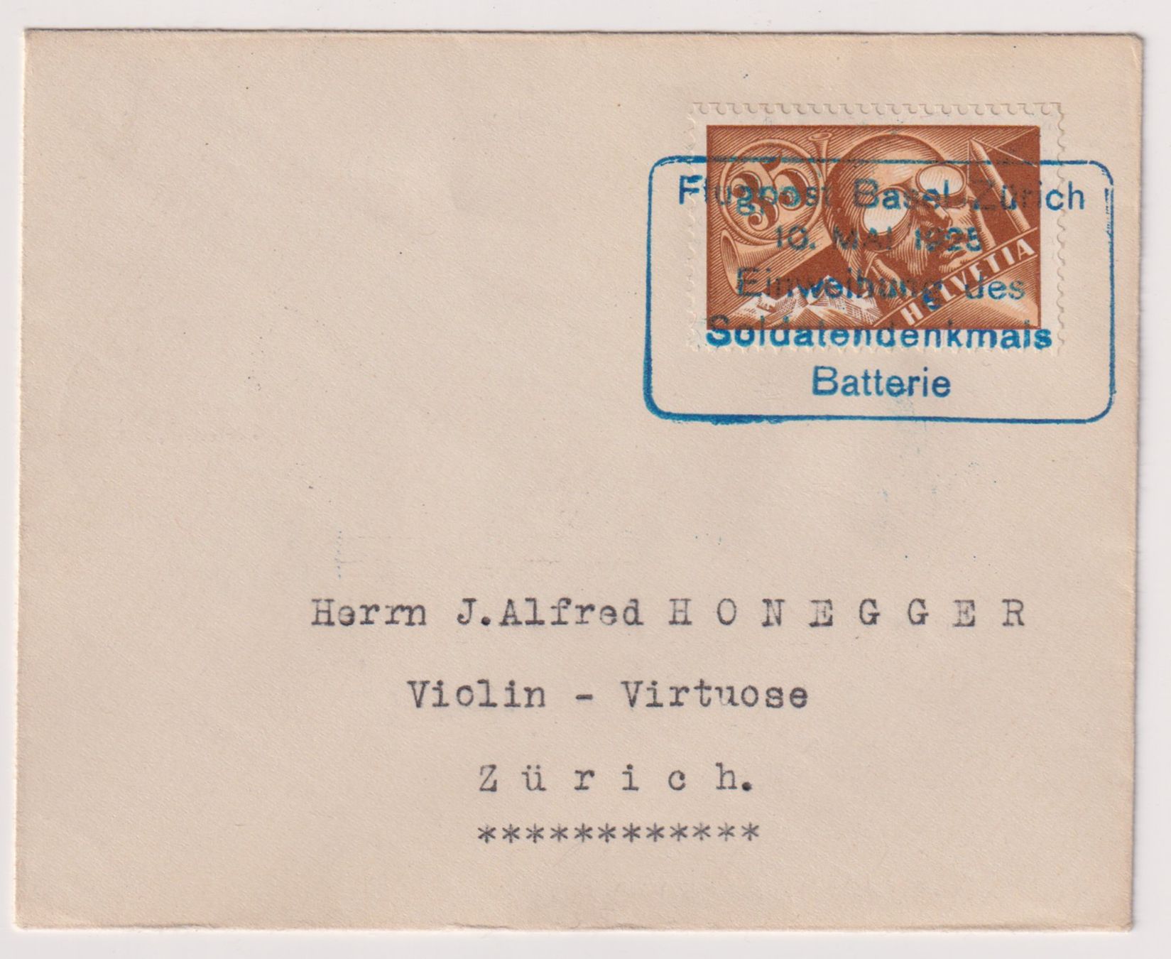 Tous les timbres: LUXUS Flugbrief an Violin - Virtuose HONEGGER !!! – D'occasion à Bibern SH par Heinibuehrer