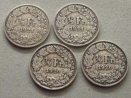 4 x 1/2 Fr.  1920 - 20 - 1921 - 21   -  Ungereinigt  -