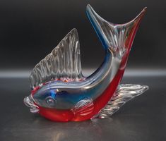 Grosser Murano Glas Fisch  Deko Rot Blau Vintage (MA060)