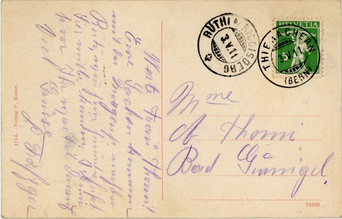 Cartes postales: Thierachern   BE  mit Eiger, Mönch & Jungfrau    um  1 9 1 1 – D'occasion à Brig par Valcards54 1