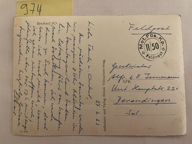 Cartoline postali: alte Ansichtskarte Erschwil SO Feldpost, 1963 – Usato da Niederwil AG venduto da dahu75 1