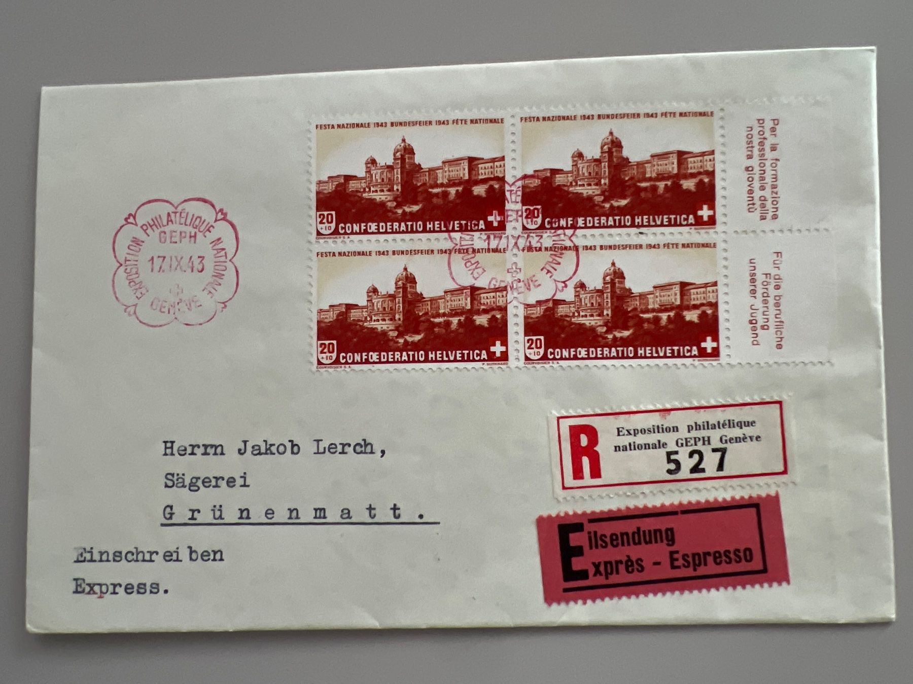 Alle Briefmarken: 1943 PP B21 4erBlock auf Express-Brief mit Taps – Gebraucht aus Buchrain von wmm