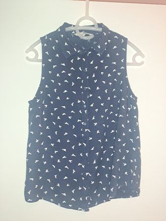 Damen Bluse ärmellos dunkelblau mit Vögelmuster Gr  36