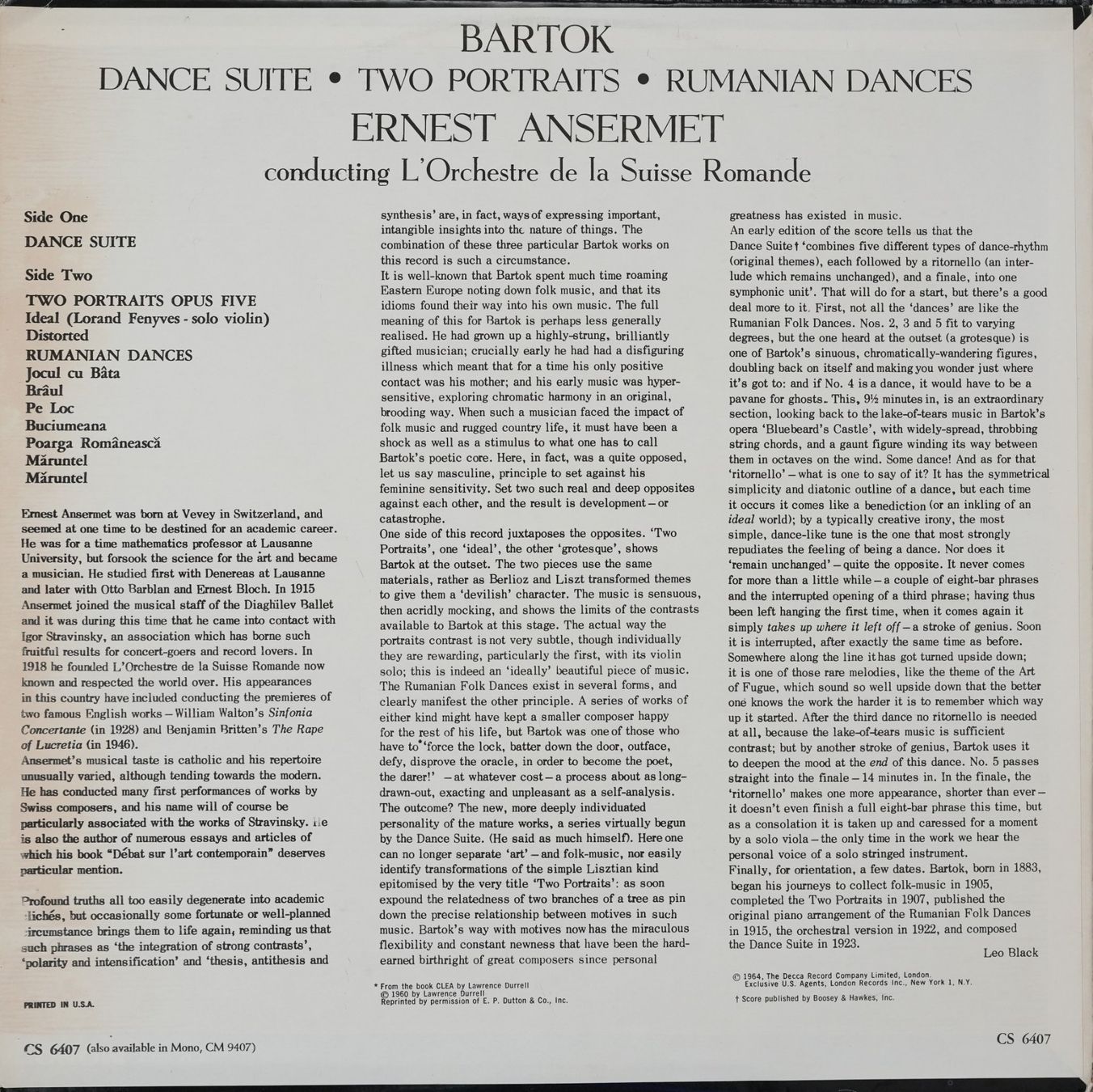 Schallplatten: London CS 6407 / Bartok / Dance Suite / Ansermet – Gebraucht aus Brunnen von Techfreak1 1