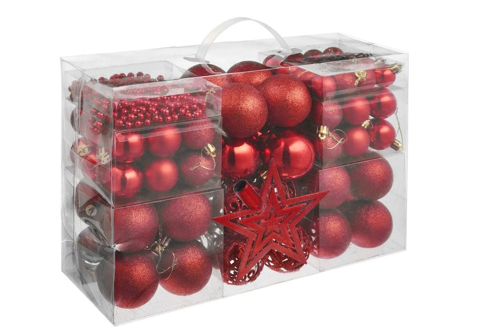 84 Christbaumkugeln unzerbrechlich mit Kette und Stern in R Kaufen