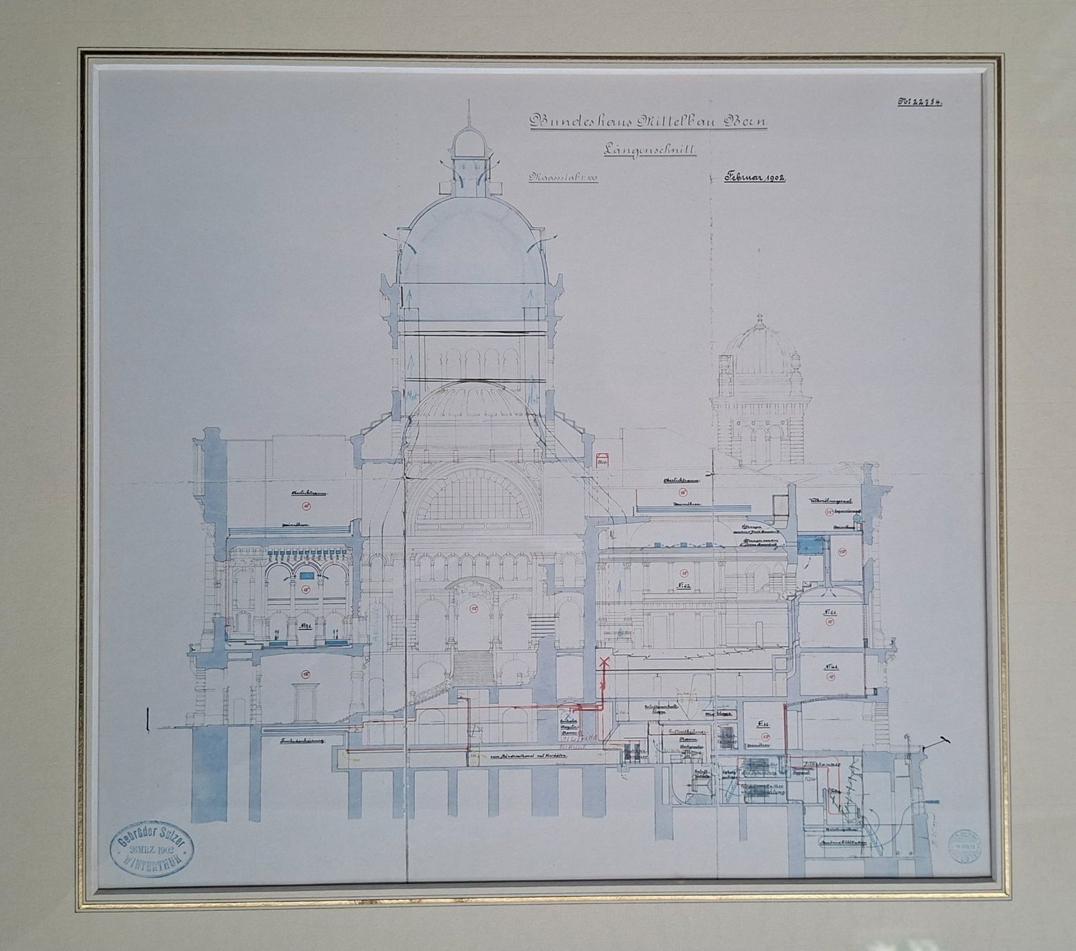 Grafica & Litografie: Bundeshaus Bern, Bauplan, Längsschnitt, Sulzer, Litho, antik – Usato da Herisau venduto da Saentis1 1