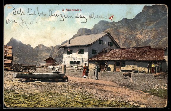 Cartoline postali: AK Anzeindaz, Wanderer an einem Gehöft – Usato da Berlin venduto da bartko-reher