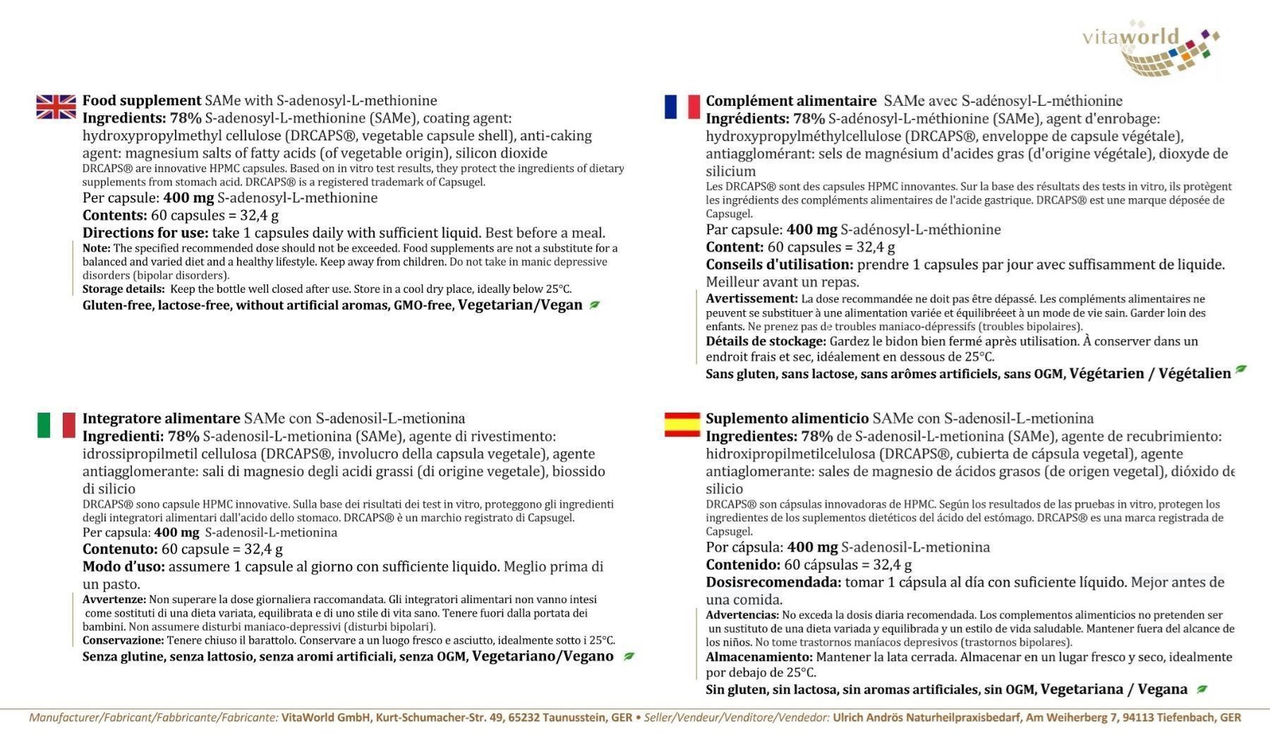 Letteratura sanitaria: Vita World SAMe 400mg 60 Kapseln – Nuovo e nell'imballaggio originale da Tiefenbach venduto da nhp-bedarf 1