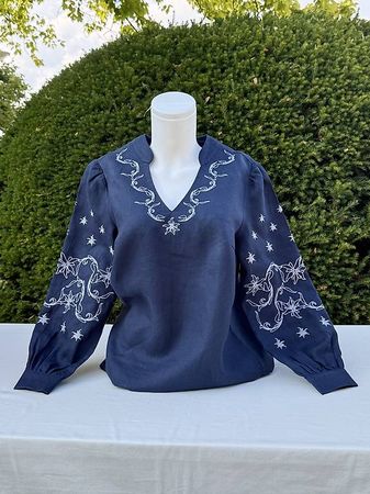 Damen Leinenbluse Edelweiss Dunkelblau