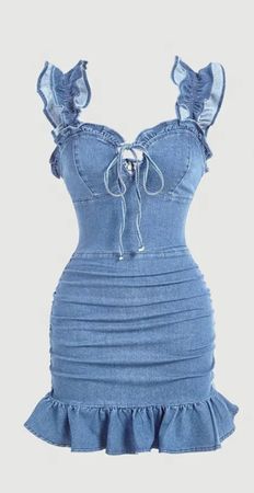 Damen Jeanskleid blau mit Rüschen und Schnürung