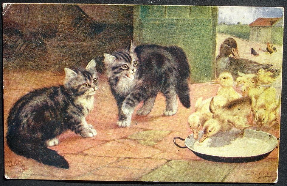 Cartoline postali: LITHO signiert 2 Katzen mit Gänsen – Usato da Jona venduto da philajona