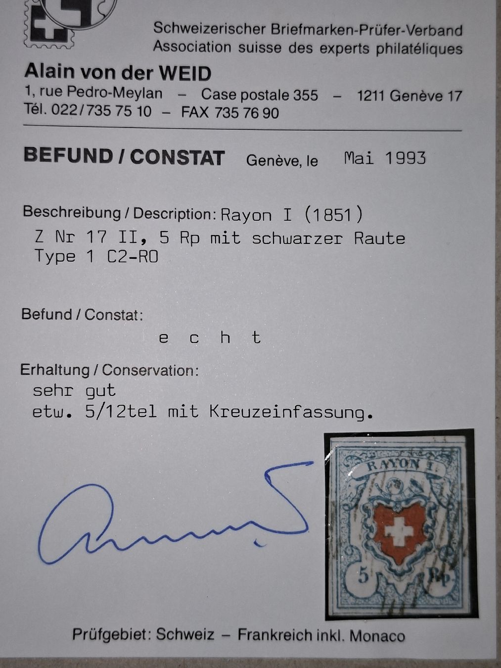 Tutti i francobolli: Rayon Typ 1 C2 - RO 5/12 KE  mit Attest  – Usato da Balgach venduto da SIMEON27 2