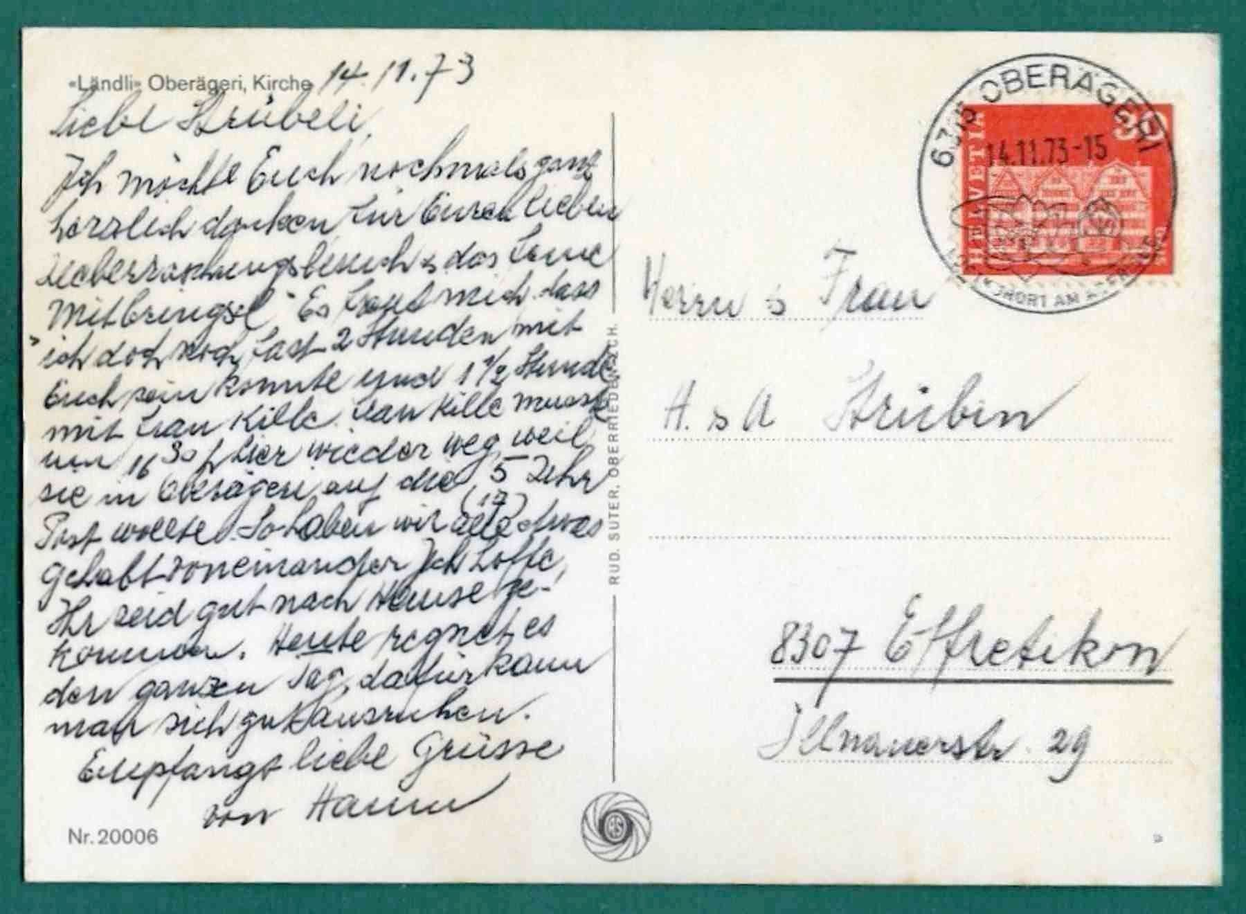 Cartoline postali: Ländli-Oberägeri, Kirche,1973, gelaufen, Grossformat – Usato da Sargans venduto da Hausi1951 1