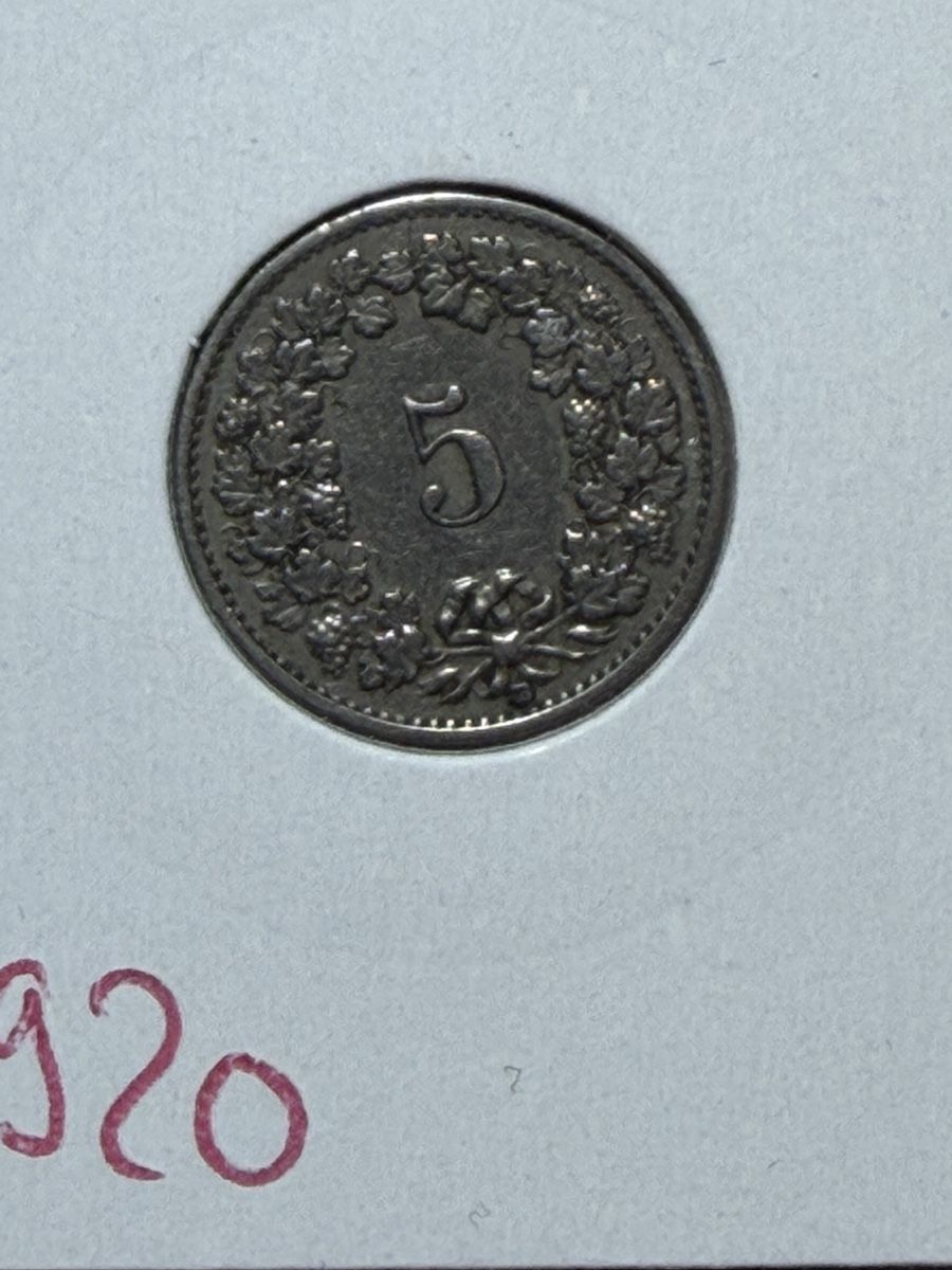 Alle Münzen: CH - 5 cts - 1920 – Gebraucht aus Payerne von Mike1682
