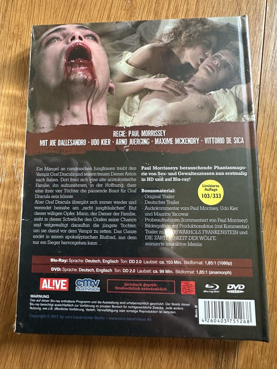 Tutti i DVDs: Andy Warhols Dracula, Mediabook CMV laservision neu – Nuovo e nell'imballaggio originale da Benken ZH venduto da Audi-erich 1