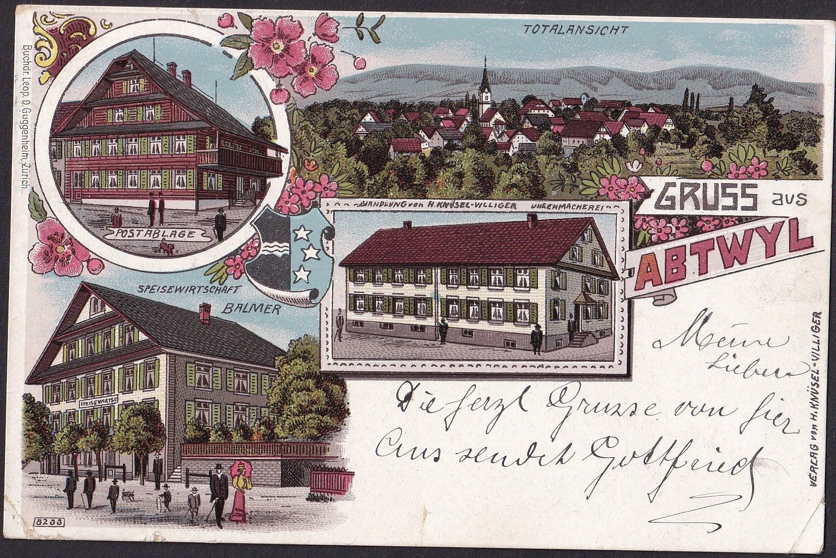 Cartoline postali: Abtwil farbige Lithografie 4 Bilder Postablage Handlung etc. – Usato da Olten venduto da clotaldi