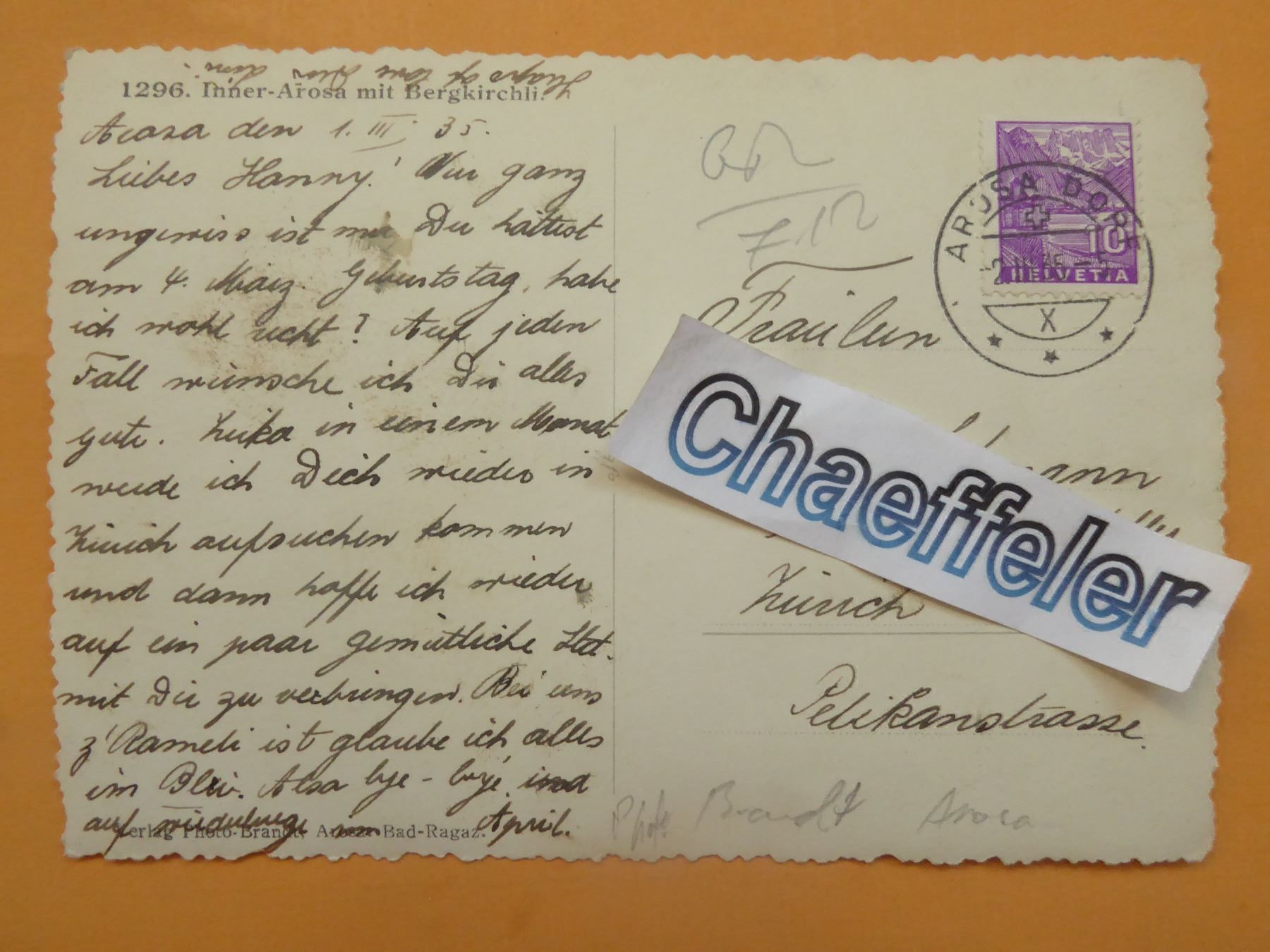 Ansichtskarten: 1935  1296 Inner-Arosa mit Bergkirchlein – Gebraucht aus Zürich von Chaeffeler 1