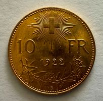 10 Schweizer Franken Gold Goldvreneli 1922