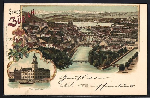 Ansichtskarten: Litho Zürich, Postgebäude, Panoramabli – Gebraucht aus Berlin von bartko-reher