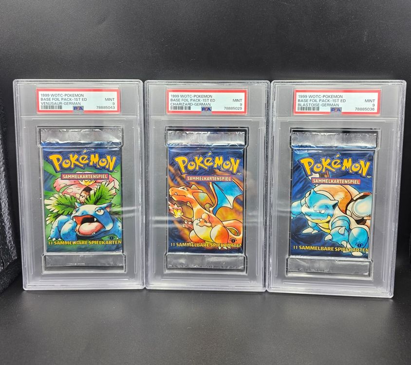 Pokemon Booster 1. Edition PSA 9 Trio Glurak, Turtok, Bisafl Kaufen auf Ricardo