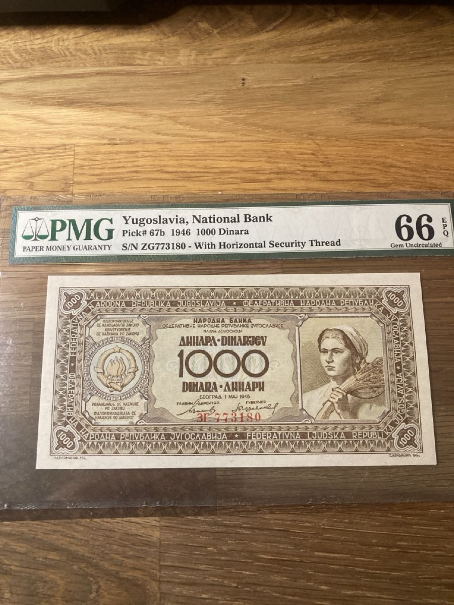 Banconote: Billet 1000 dinars 1946 grade UNC 66 – Nuovo e nell'imballaggio originale da Villars-sur-Glâne venduto da Graca03
