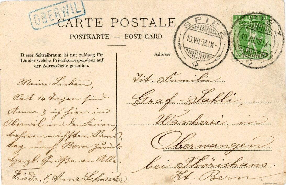Ansichtskarten: Oberwil   BE  im Simmental        um 1908 – Gebraucht aus Brig von Valcards54 1