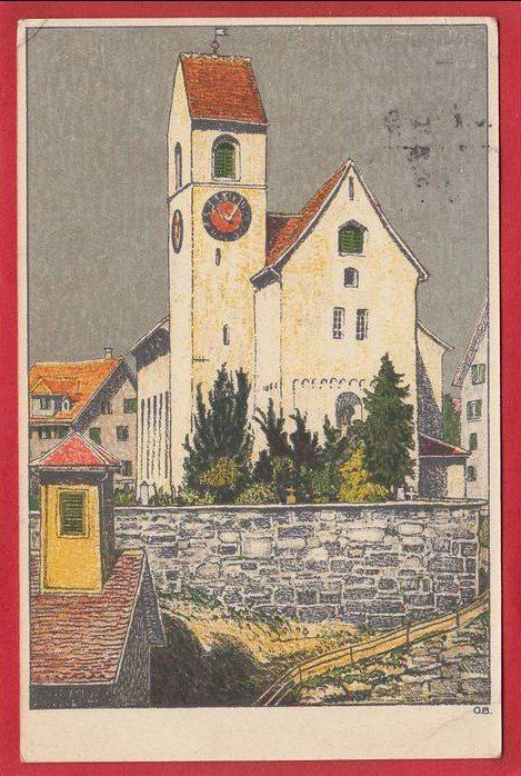 Cartoline postali: RÜTI, KIRCHE, KÜNSTLER-LITHO, 1922 – Usato da Grüningen venduto da Kartenlaube